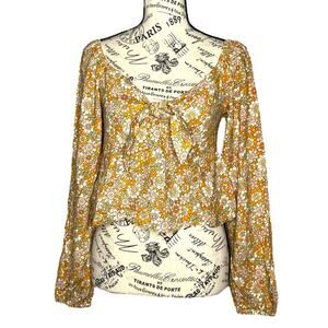 Daisy & Delilah (M) Floral Smocked Long Sleeve Peasant Top Tie Front Crop Blouse
